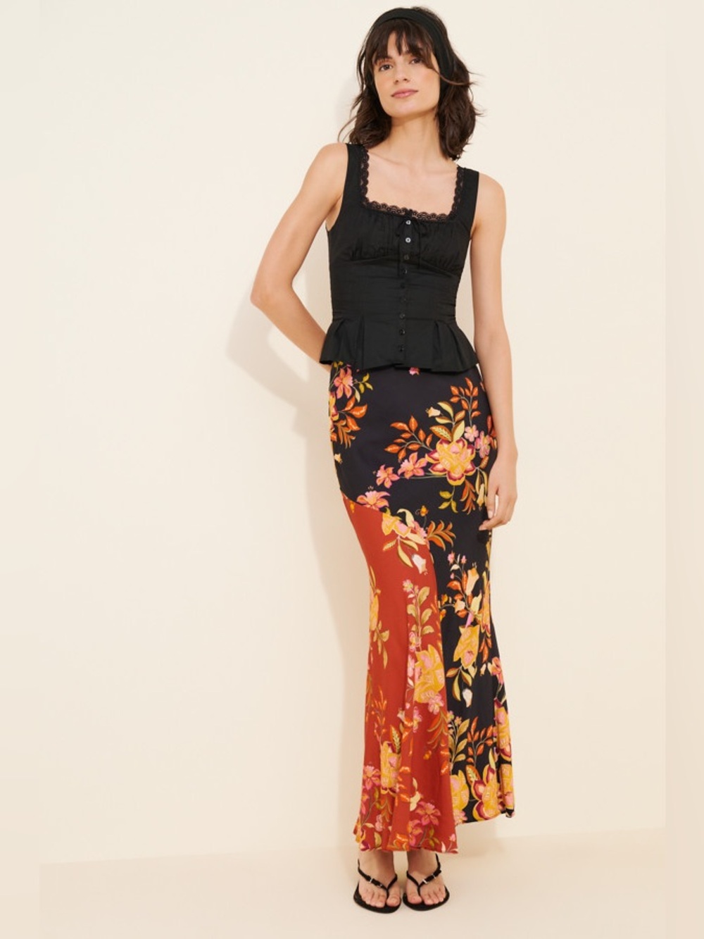 Farm Rio Floral Talita Maxi Skirt Floral Orange Black Medium - Picture 1 of 6